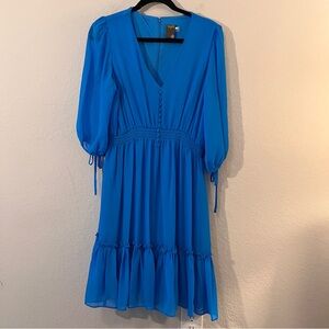 Taylor Blue Cocktail Midi Dress with Ruffle & Button Details Size 14